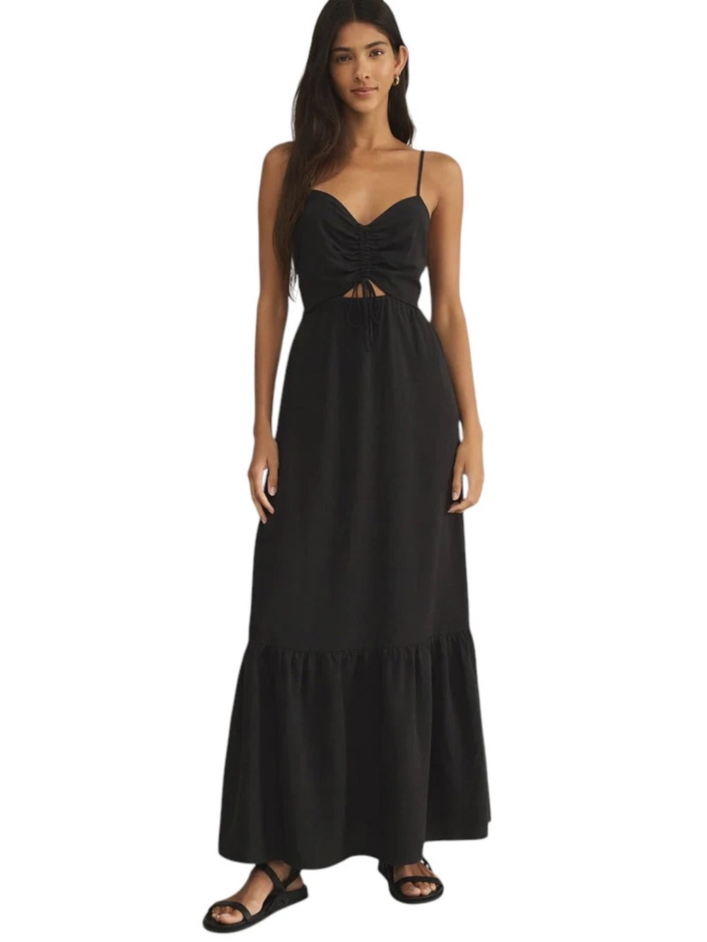 Z Supply Winslet Maxi Dress with Ruched Front in Blacm